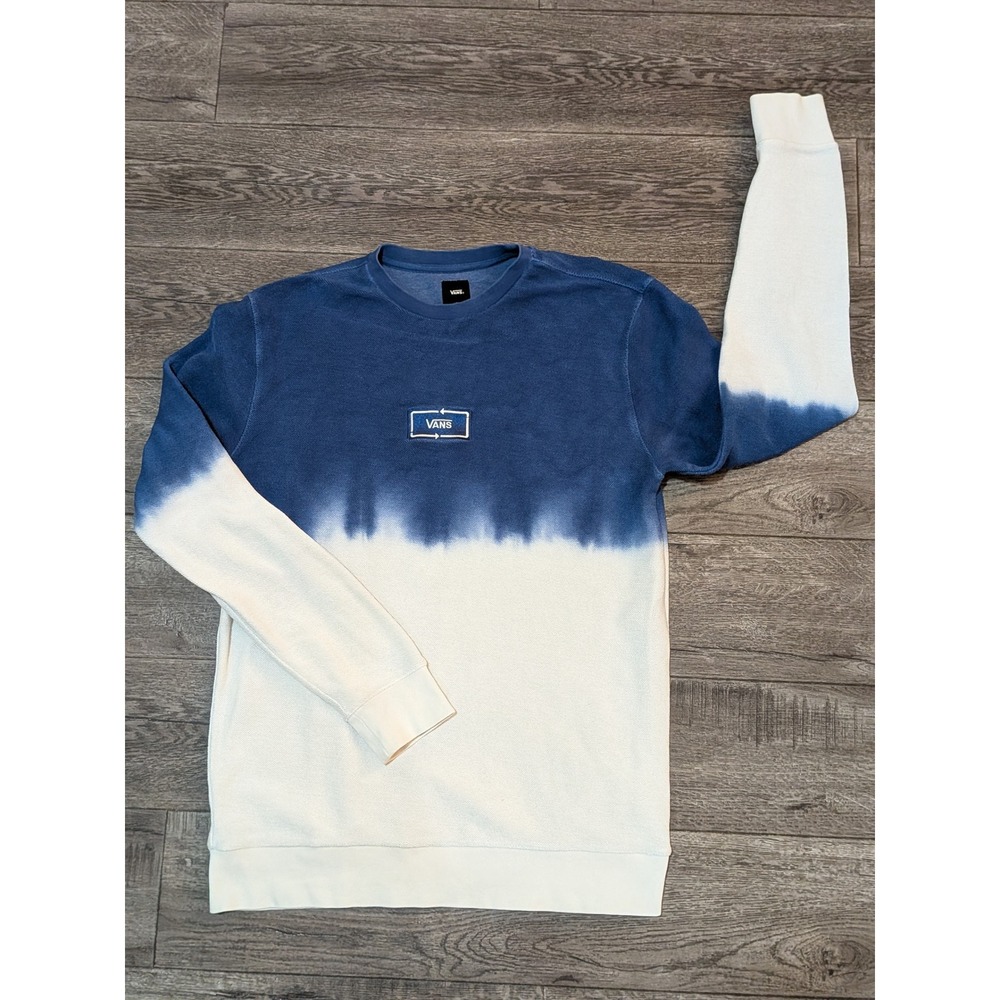 Vans Mens Large Blue White Dip Dye Ombre Logo Crewneck Sweatshirt Pullover